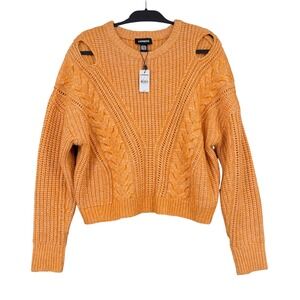 Express‎ Cold Shoulder Cable Knit Sweater Womens L Recycled Polyester Orange